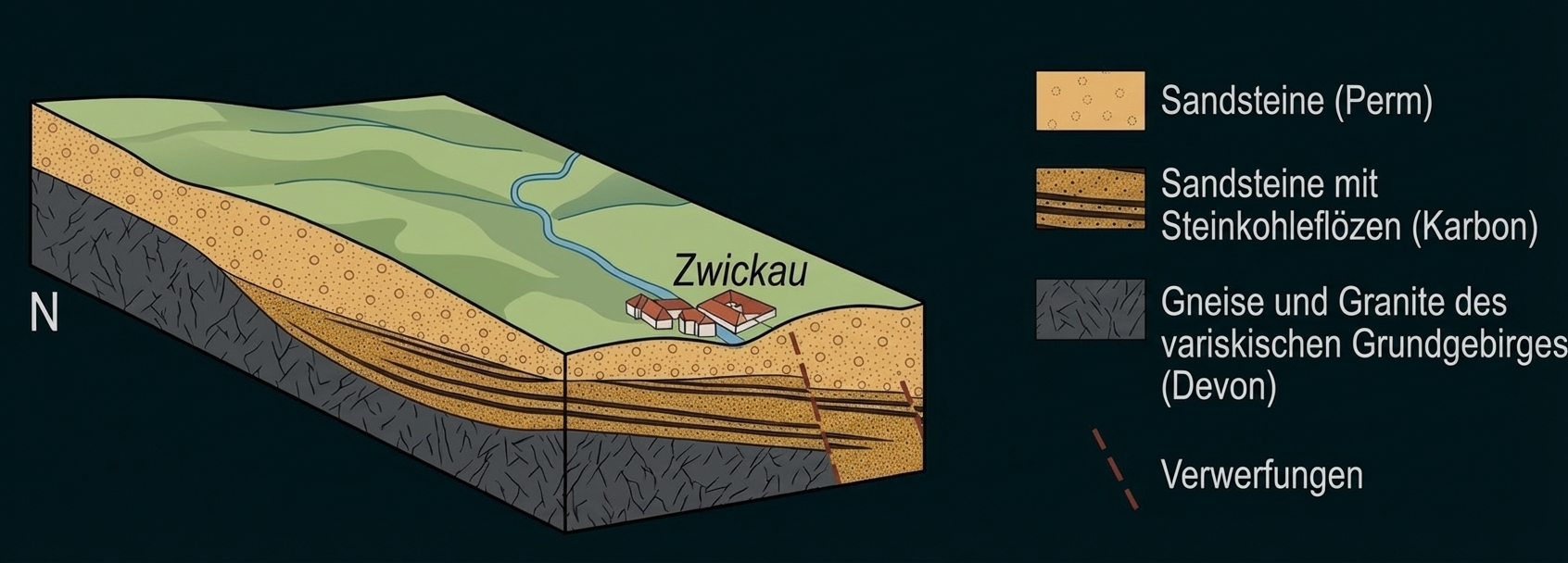 Geologischer Querschnitt mit Sandstein-, Kohle- und Grundgebirgsschichten, Verwerfungen und dem Ort Zwickau.